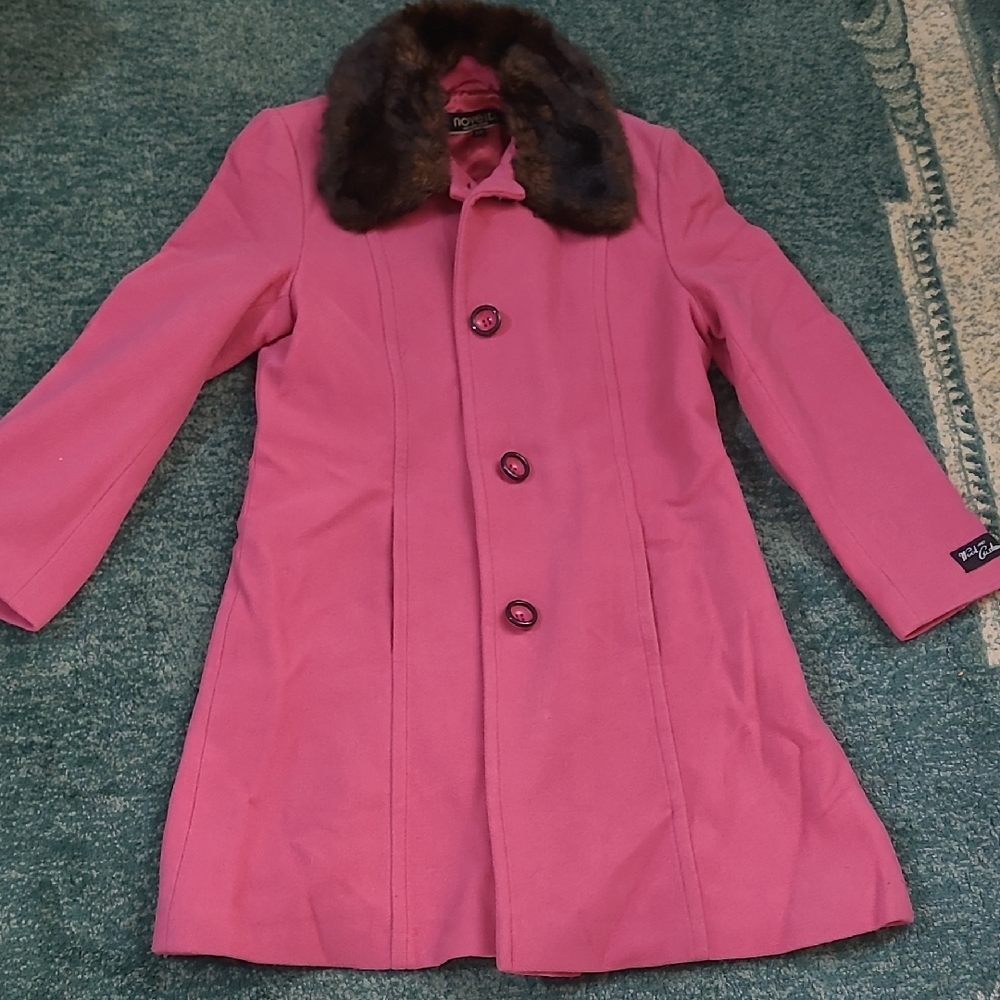 Chic Pink Pea Coat with Faux Fur Collar